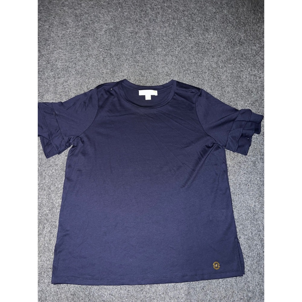 Michael Kors Navy Blue Ruffle Sleeve Cotton Modal Top Large Logo Emblem